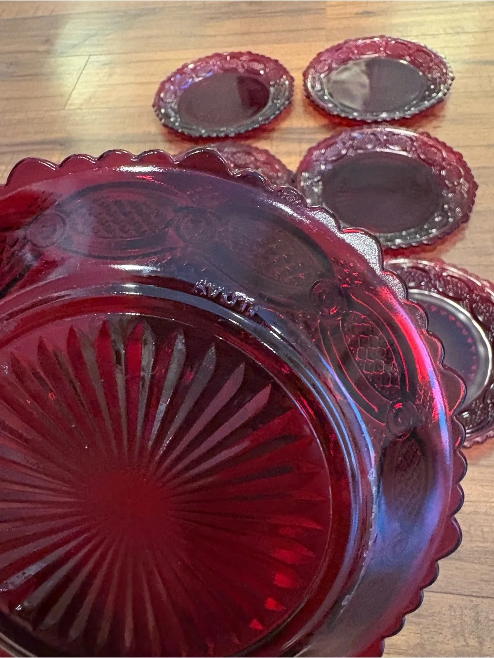 Vintage Avon 1876 Cape Cod Collection Lot Of 7 Ruby Red Glass Dessert Plates